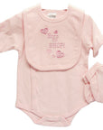 Pink baby outfit with 'Born to Shop' text on a white background