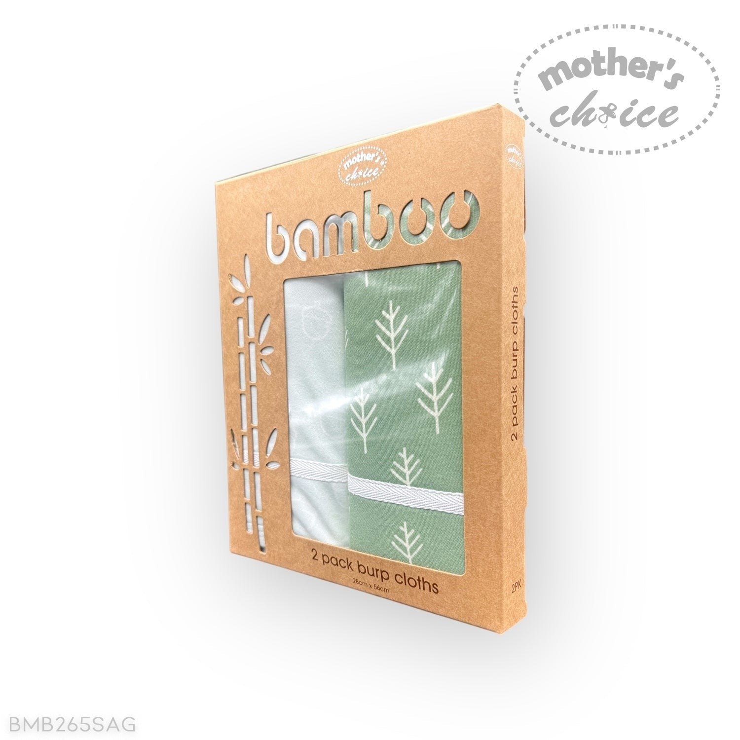 Packaging of bamboo burp cloths with a 'mother's choice' label on a white background