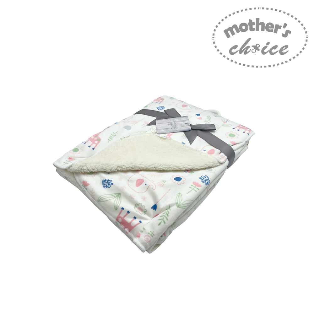Baby blanket with animal pattern and 'Mother's Choice' label on a white background