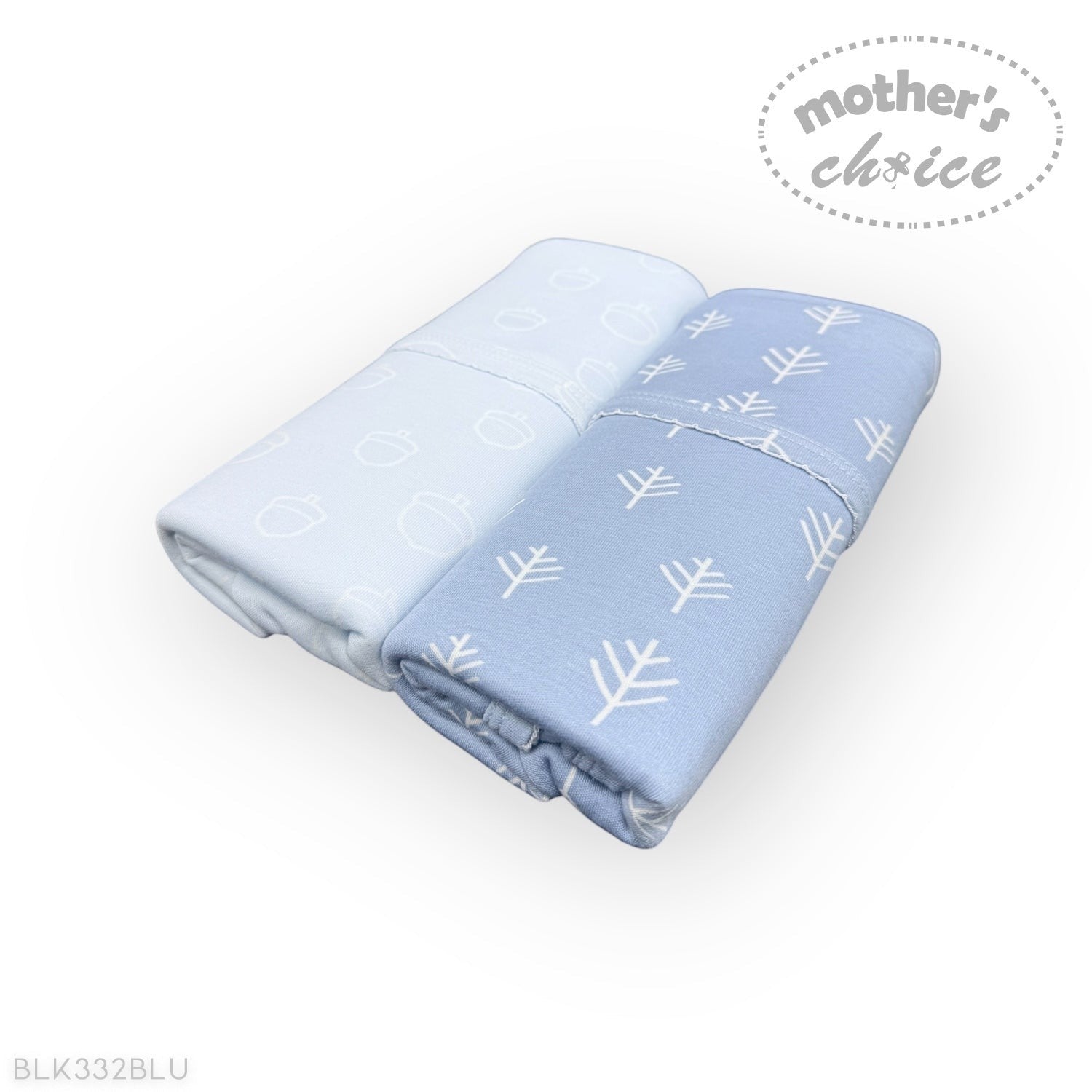 Folded blue blanket with white patterns on a white background, featuring 'mother's choice' branding.