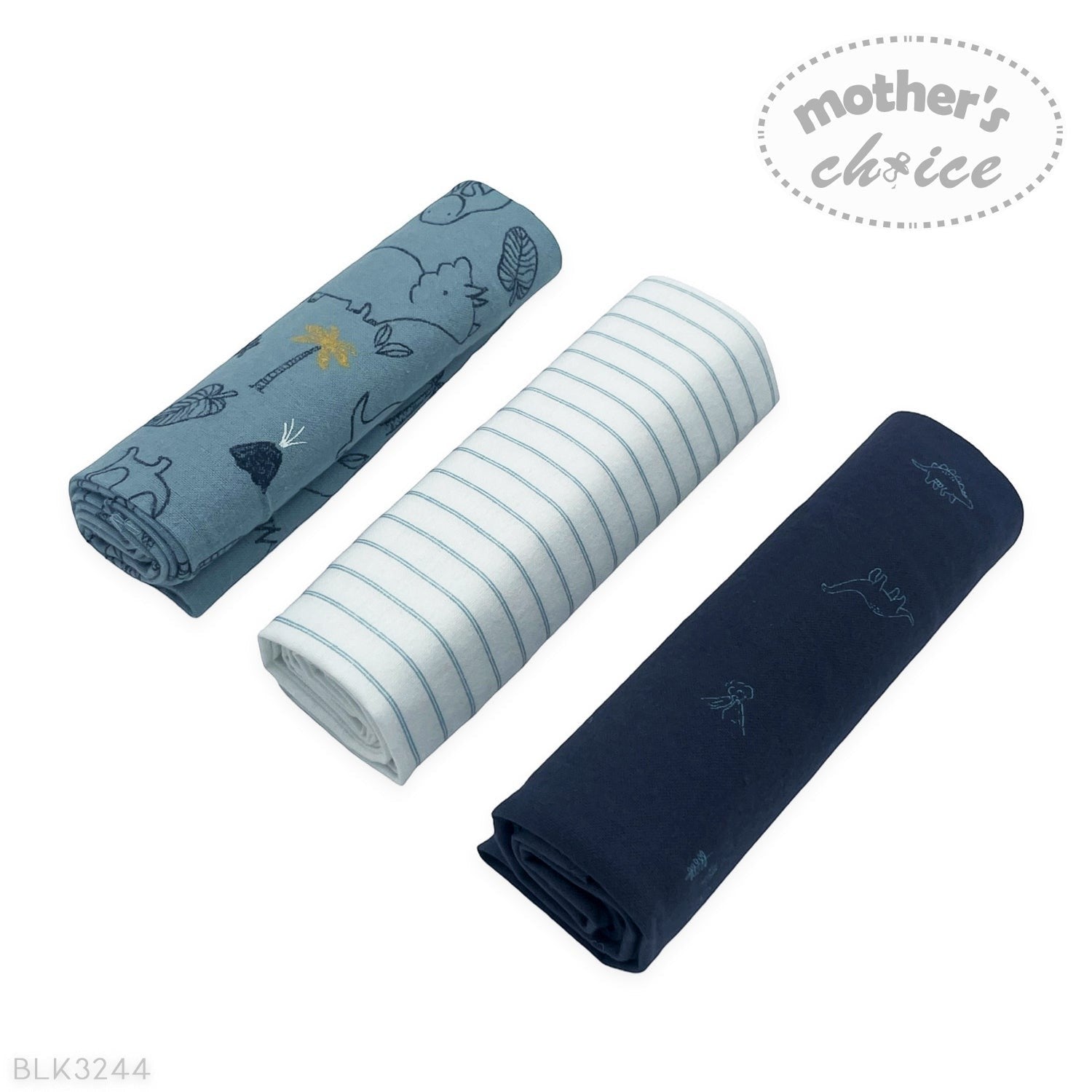 Three rolled-up towels in blue, white, and navy with 'Mother's Choice' branding on a white background.