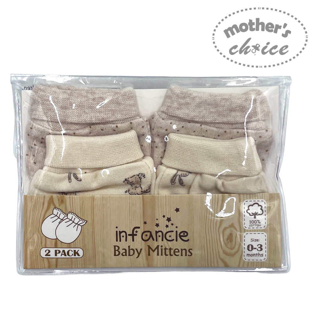 Pack of baby mittens with 'infancie' branding on a white background