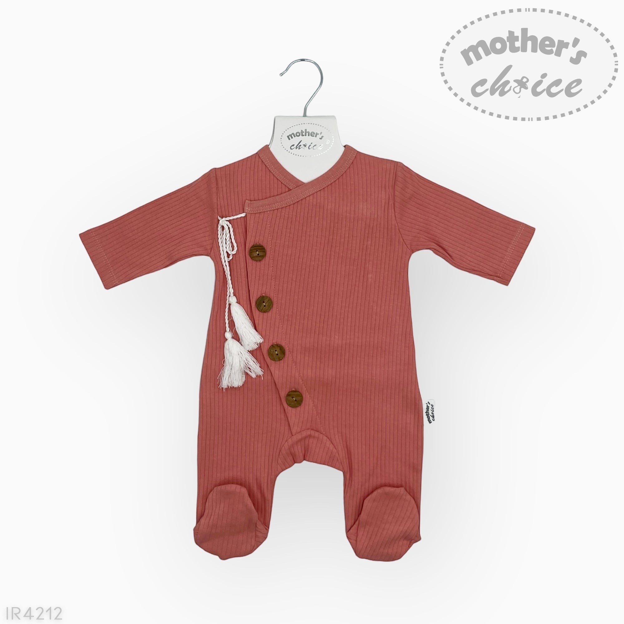 Red baby romper with buttons on a white background, featuring 'mother's choice' branding.
