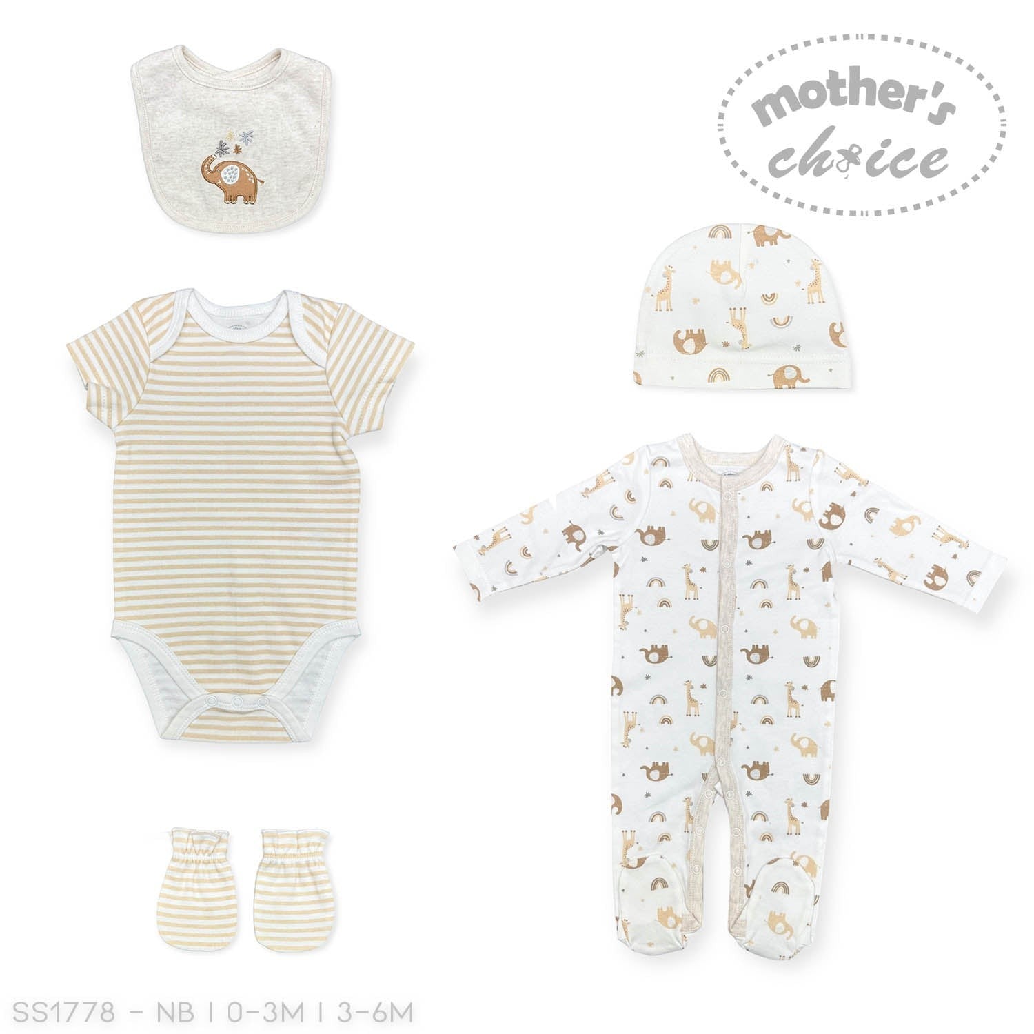 Baby clothing set with onesie, hat, and booties on a white background