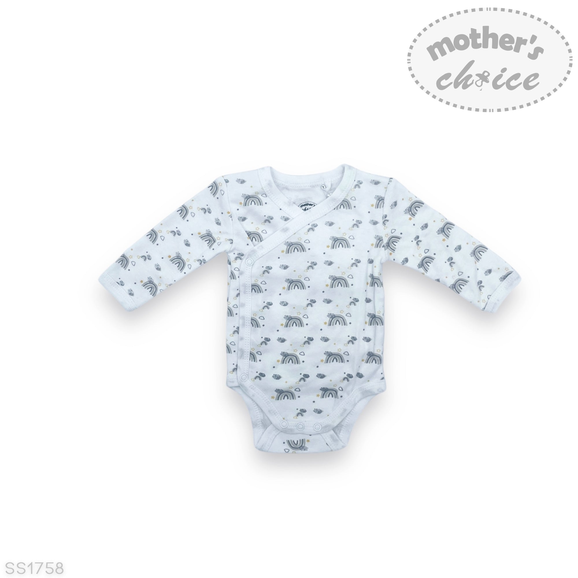 Baby bodysuit with animal pattern on a white background, branded 'Mother's Choice'.