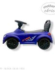 Blue toy car with checkered pattern on a white background