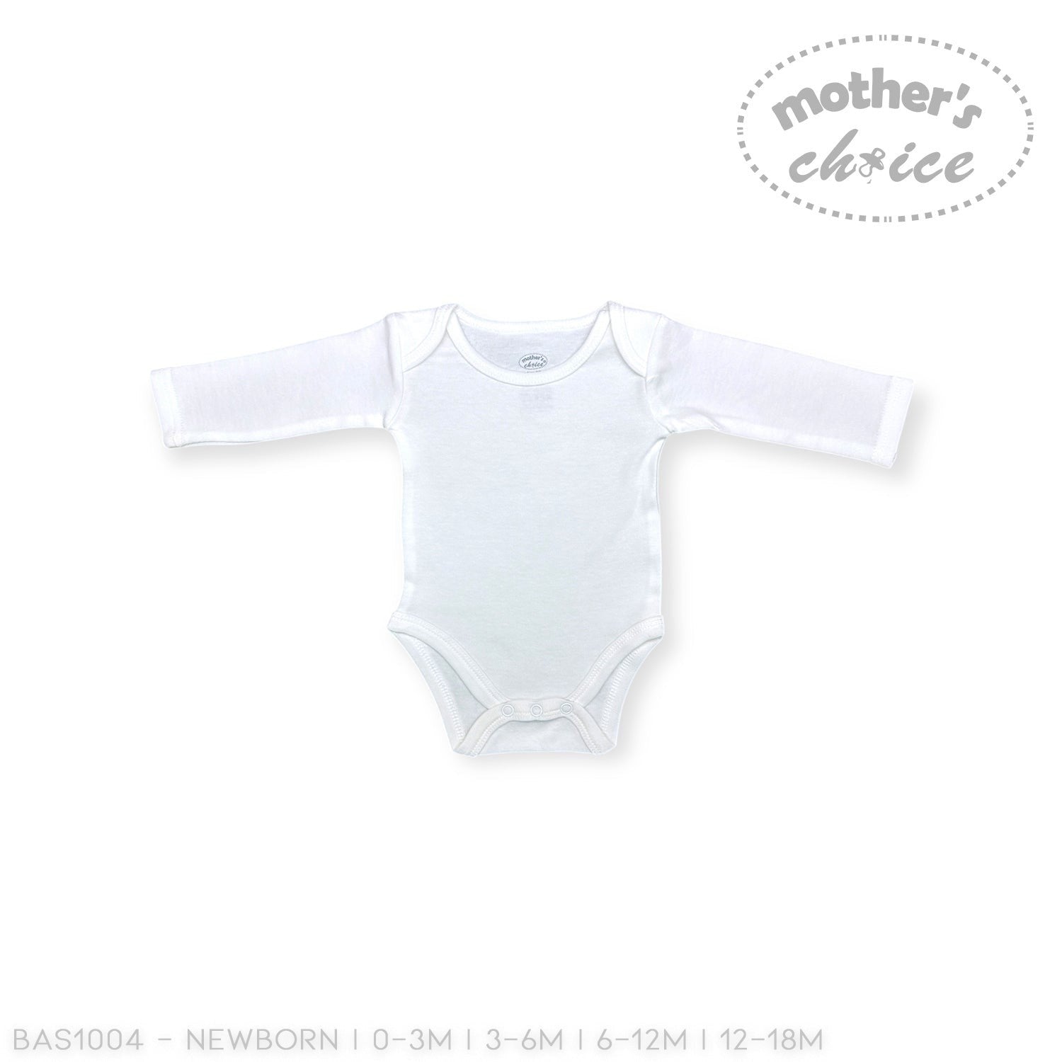 White baby bodysuit with long sleeves on a white background, featuring 'Mother's Choice' branding.