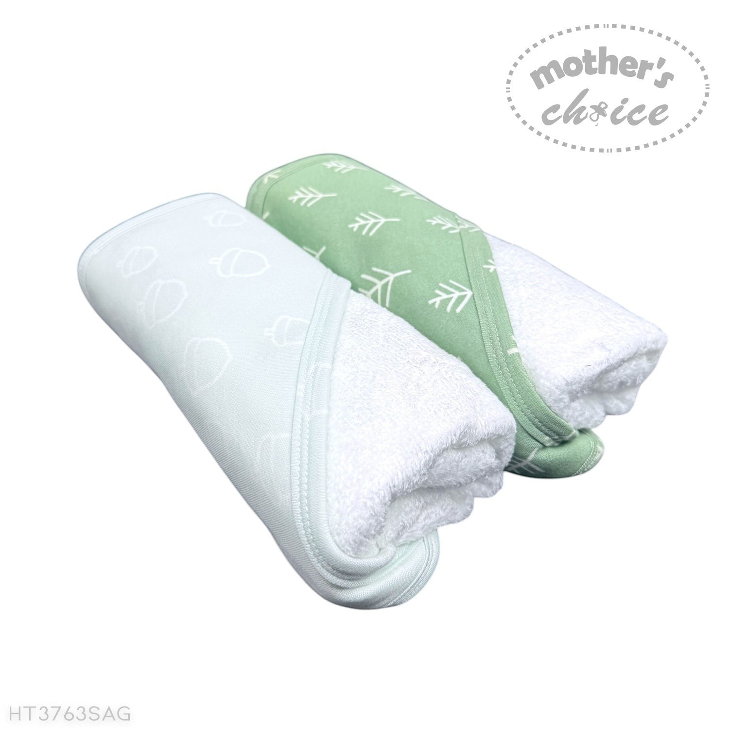 Two folded towels, one white and one green with white patterns, on a white background with 'Mother's Choice' branding.