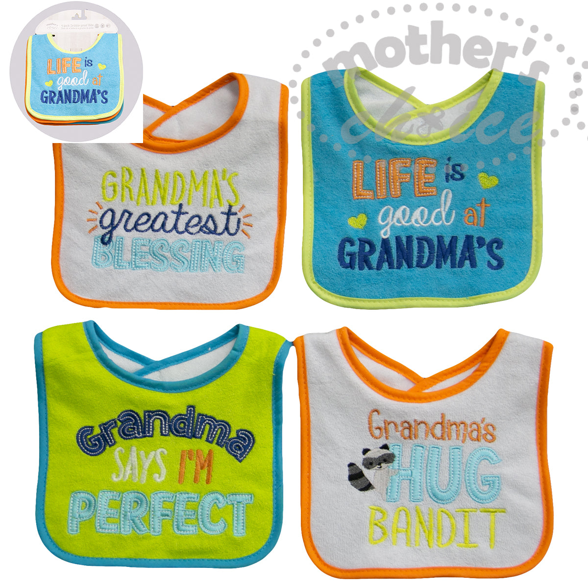 Mothers Choice 4 Pack Embroided Dribble Proof Bibs - Grandma Says I`M Perfect