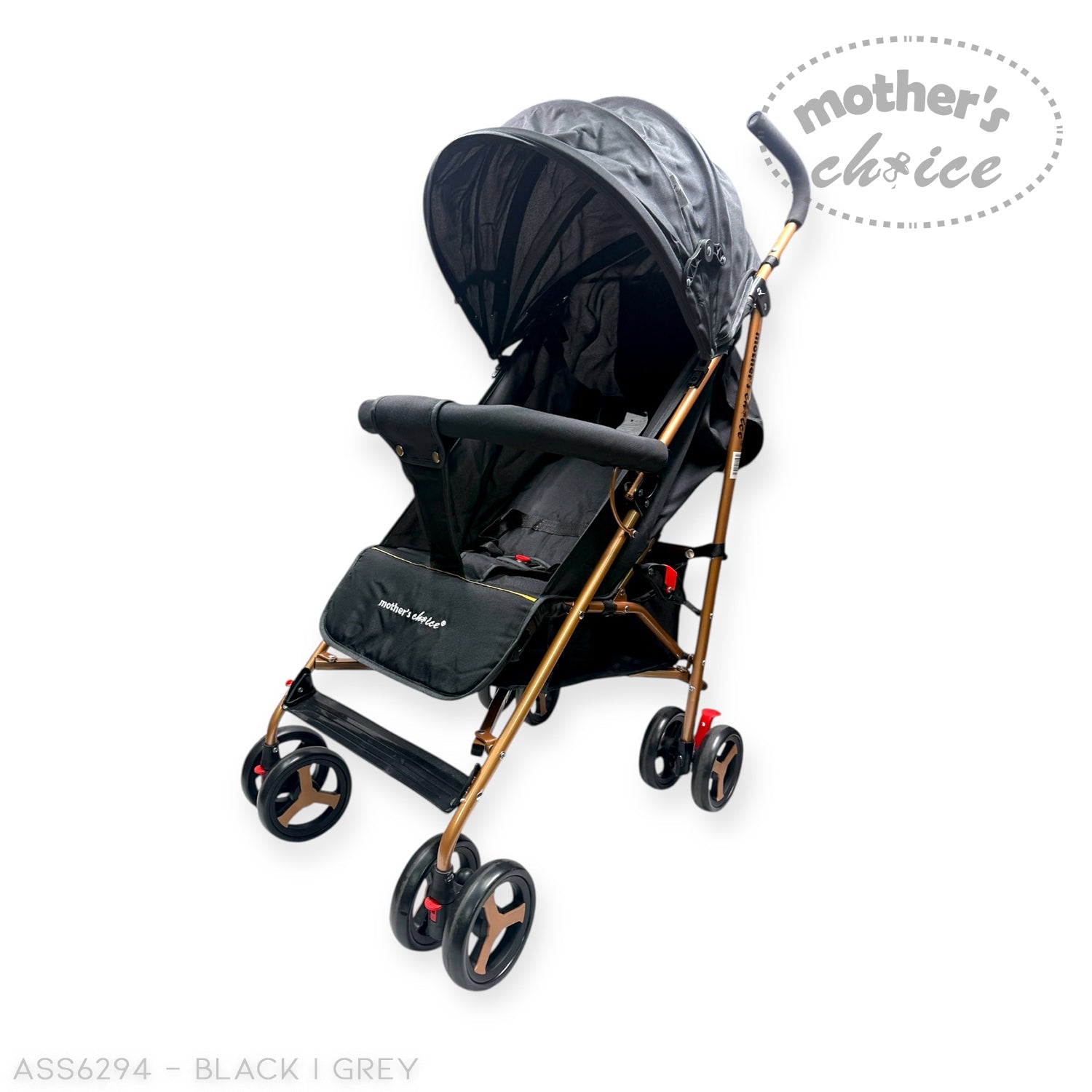 Black and grey stroller with gold accents on a white background