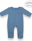 Blue baby onesie with 'mother's choice' branding on a white background