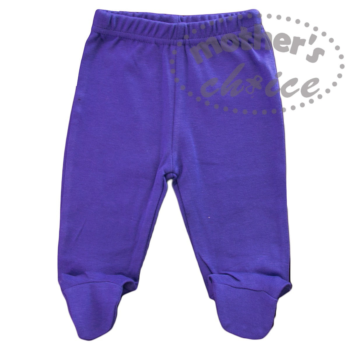 Purple baby pants with footies on a white background, branded 'Mother's Choice'.