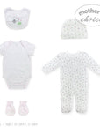 Collection of baby clothing items including a onesie, bodysuit, hat, and booties on a white background with 'Mother's Choice' branding.