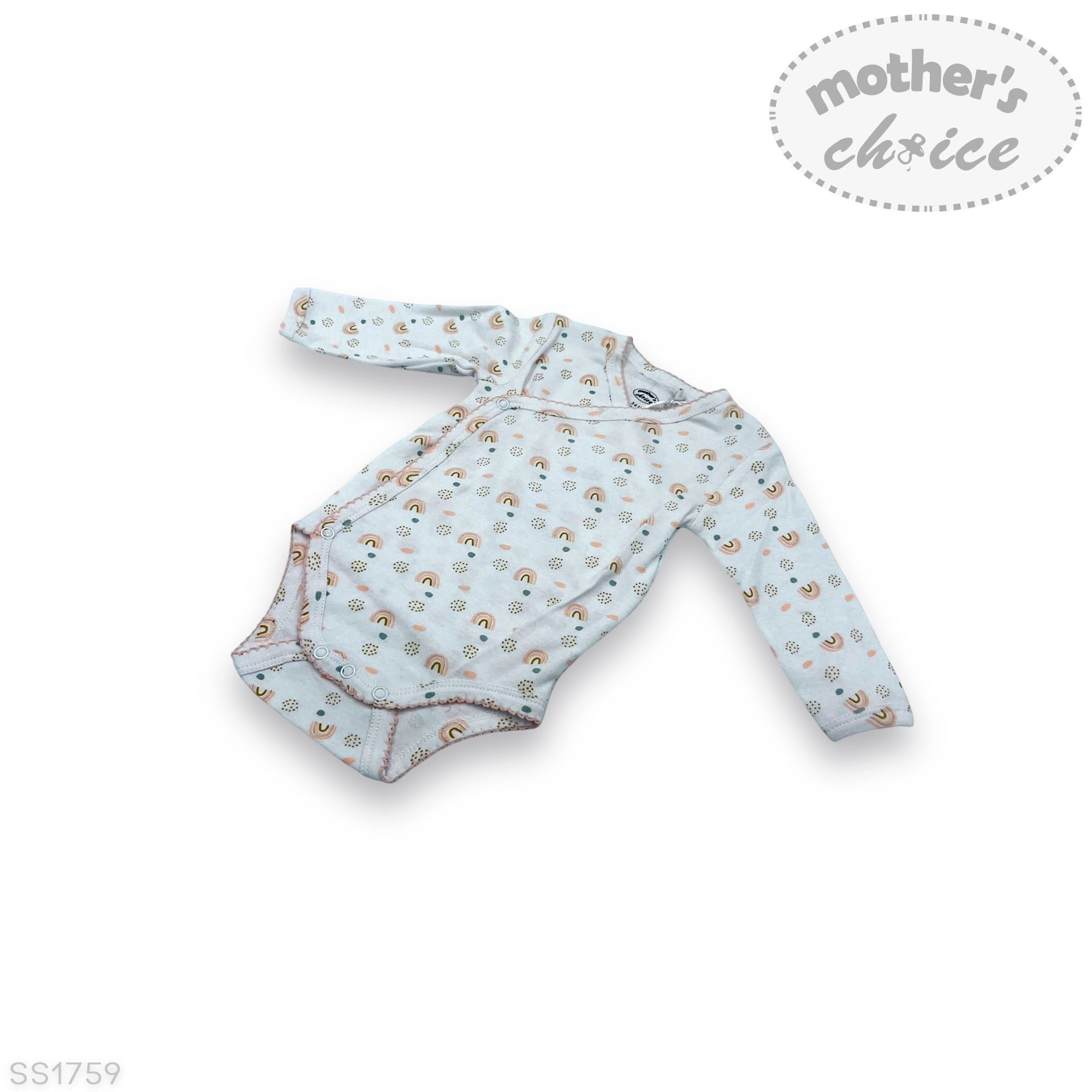 Baby onesie with long sleeves and pattern on a white background, featuring 'Mother's Choice' branding.