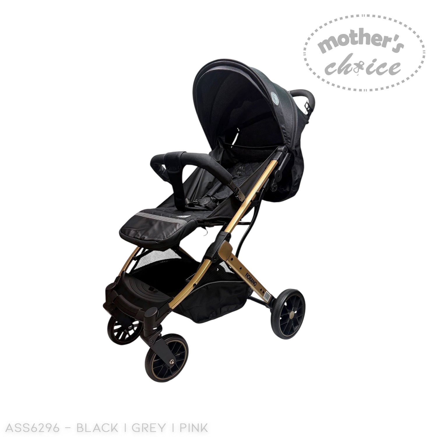 Black stroller with gold accents on a white background, featuring 'Mother's Choice' branding.