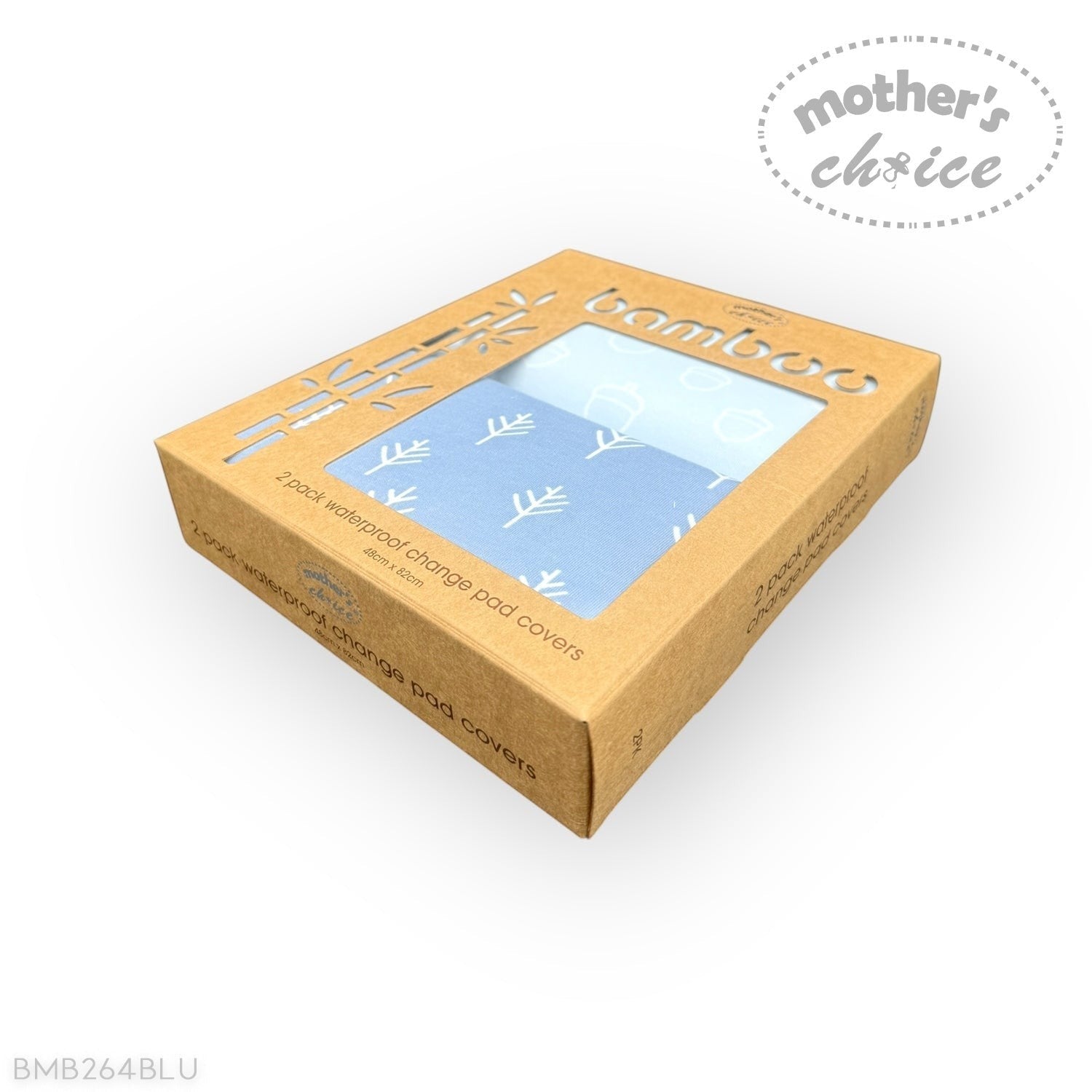 Box of bamboo products with a blue label on a white background
