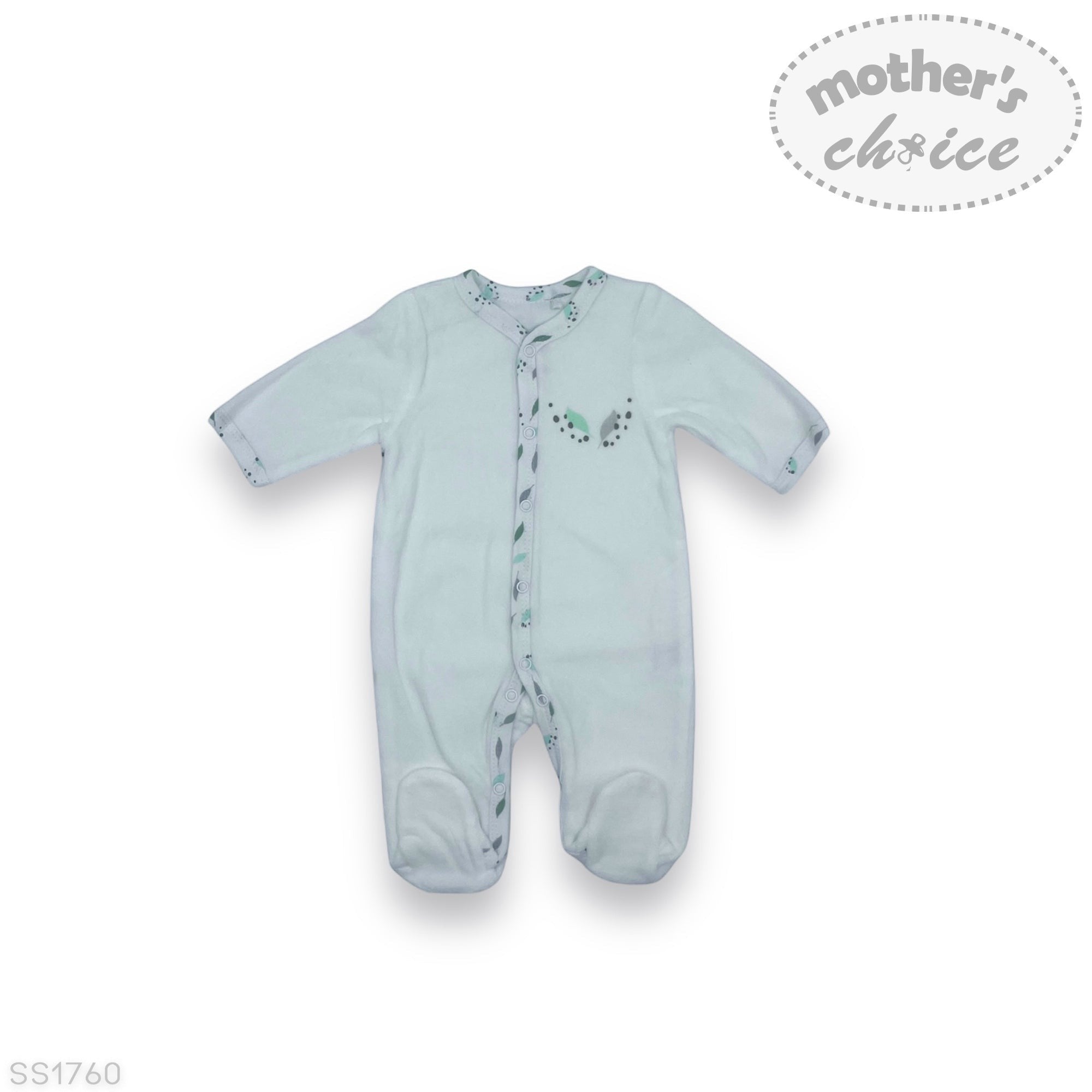 Light blue baby onesie with a pattern on a white background, featuring 'mother's choice' branding.