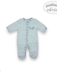 Light blue baby onesie with a pattern on a white background, featuring 'mother's choice' branding.
