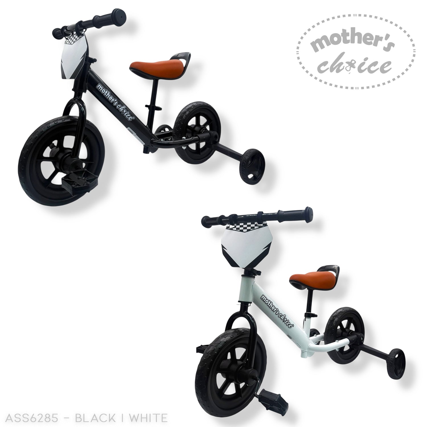 Two children's balance bikes, one black and white and the other white with black accents, on a white background.
