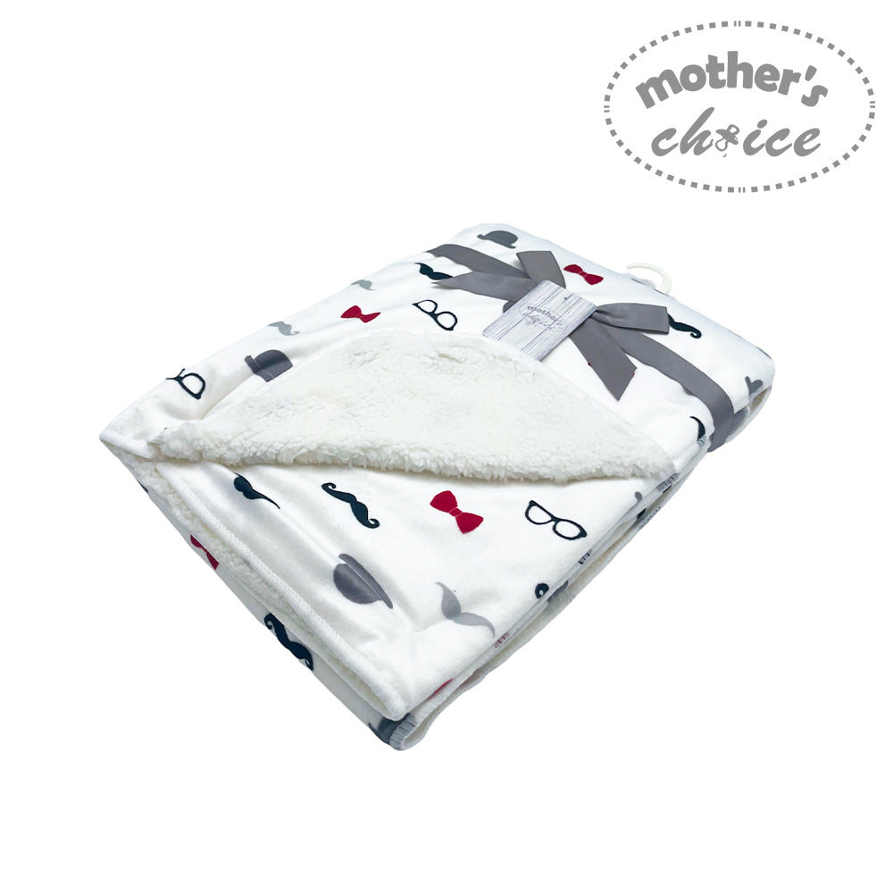Baby blanket with bow tie pattern on a white background, branded 'mother's choice'.