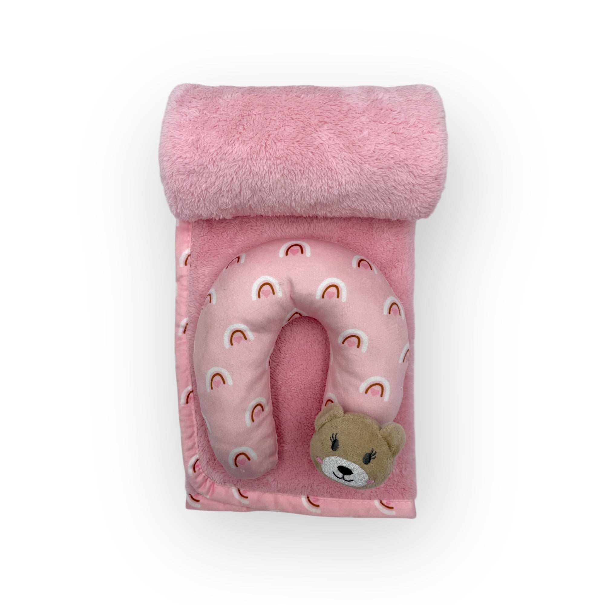 M/C SUPER SOFT CORAL FLEECE WITH PRINTED MINK BINDING BLANKET AND PILLOW SET GIRL&#39;S PINK BEAR