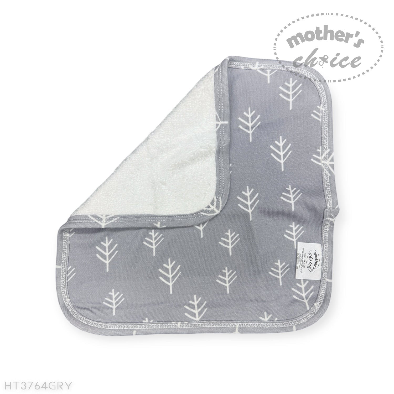 Gray baby bib with white tree pattern on a white background, branded 'Mother's Choice'.