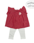 Red baby top with flower detail and white pants on a white background, featuring 'mother's choice' branding.