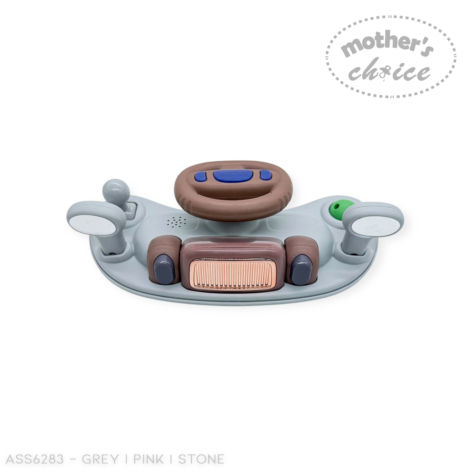 Toy car steering wheel and dashboard set on a white background with 'Mother's Choice' branding.