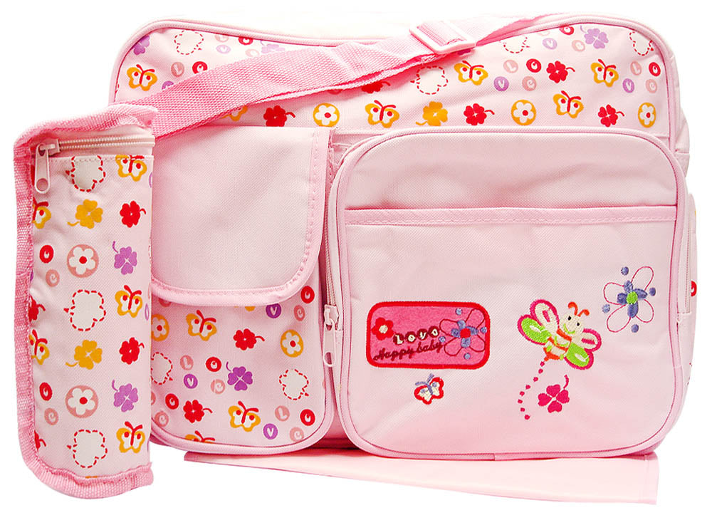 Pink children's bag with floral patterns and a visible brand logo on a white background