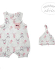 Baby romper with bunny pattern and matching hat on a white background, branded 'Mother's Choice'.