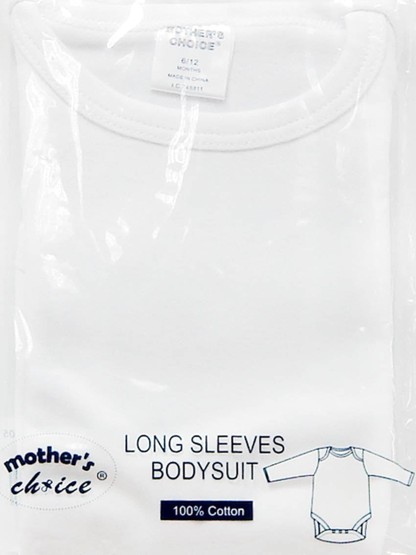 White long-sleeve bodysuit for babies by Mother's Choice in packaging with label.
