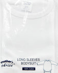 White long-sleeve bodysuit for babies by Mother's Choice in packaging with label.