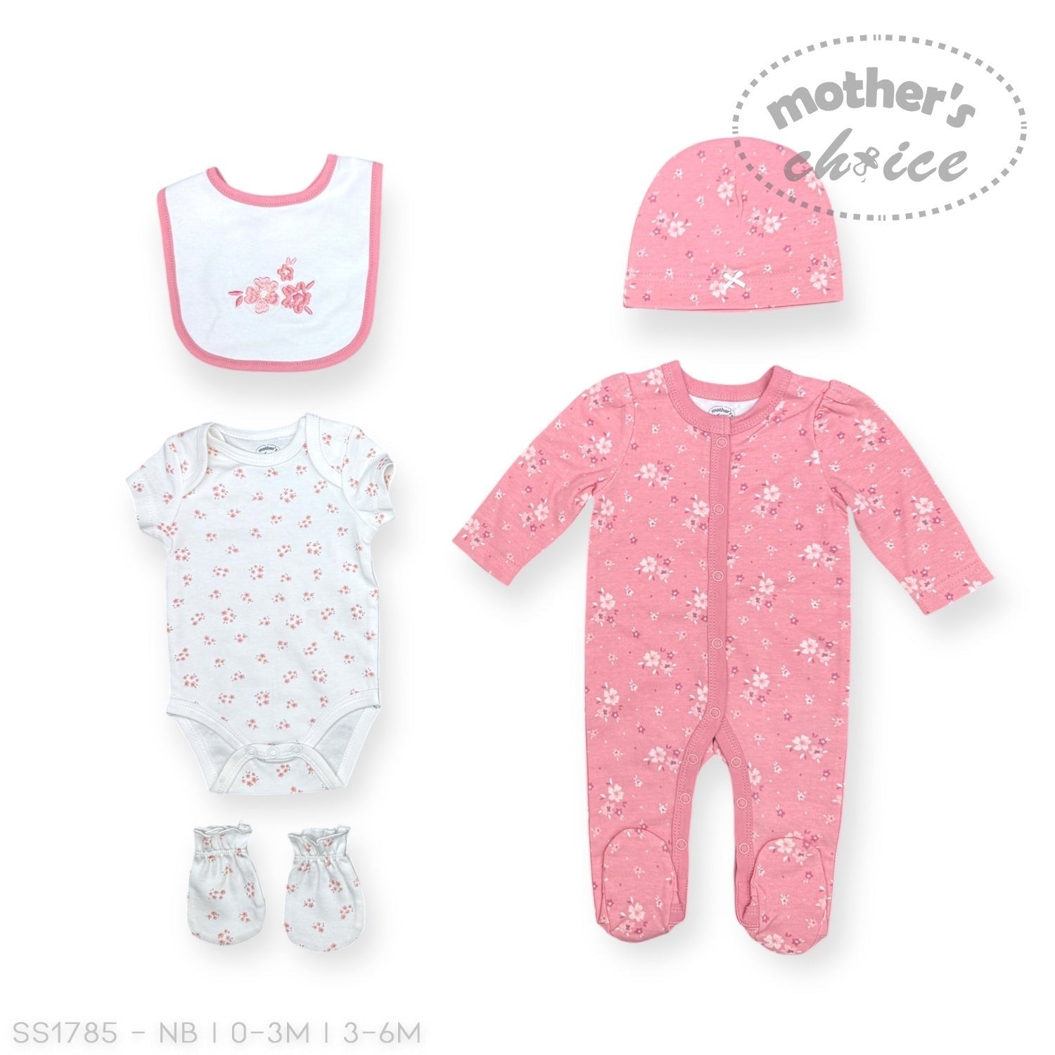 Baby clothing set with pink onesie, white bodysuit, bib, hat, and mittens on a white background.
