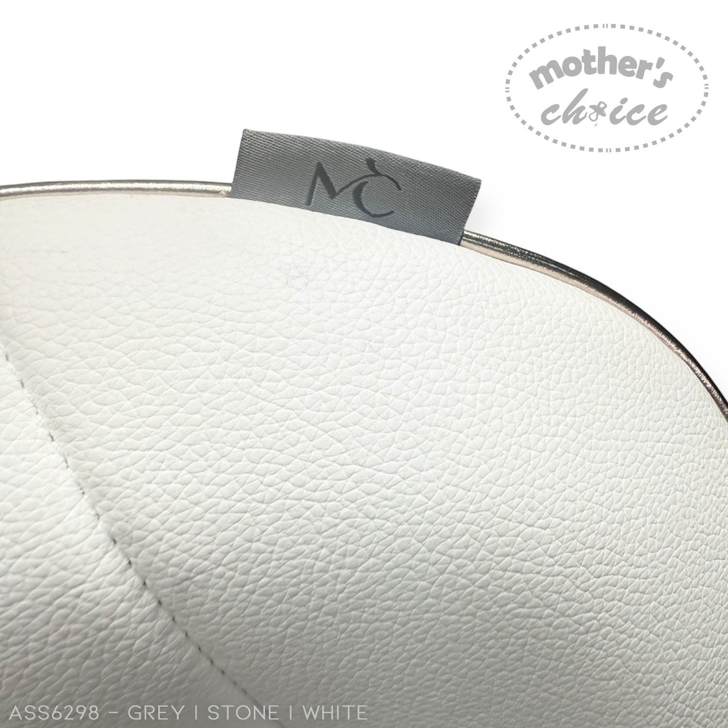 Close-up of a white leather product with a 'Mother's Choice' label on a white background