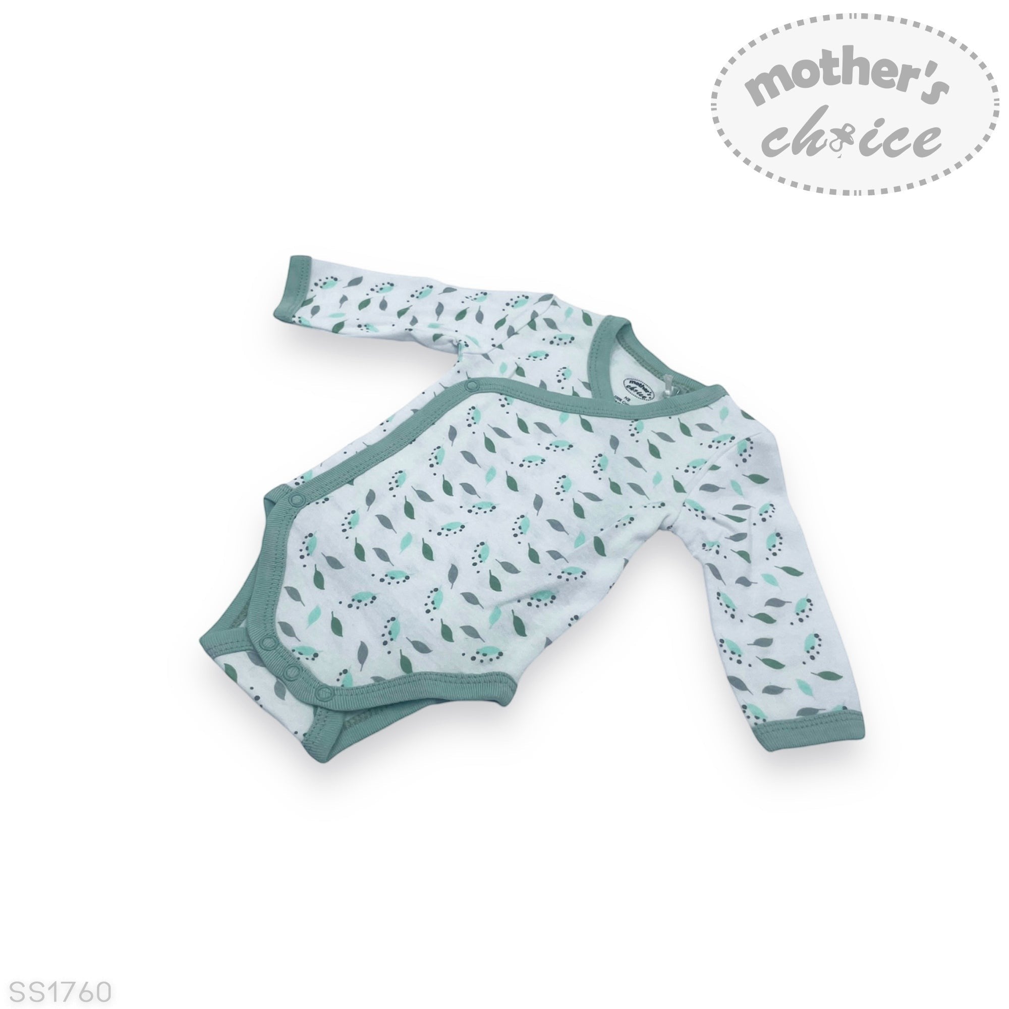 Baby long-sleeve bodysuit with floral pattern on a white background, featuring 'Mother's Choice' branding.