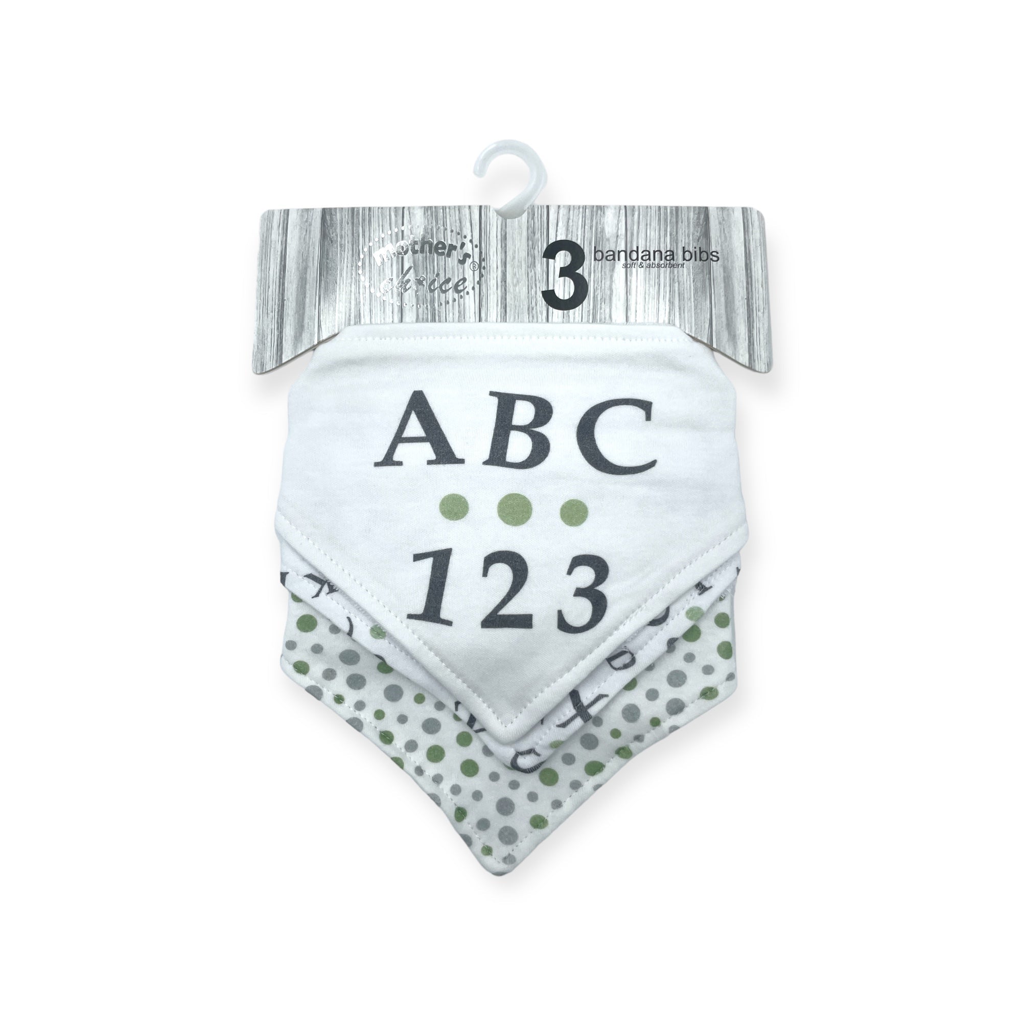 Set of three baby bandana bibs with ABC and 123 print on a white background