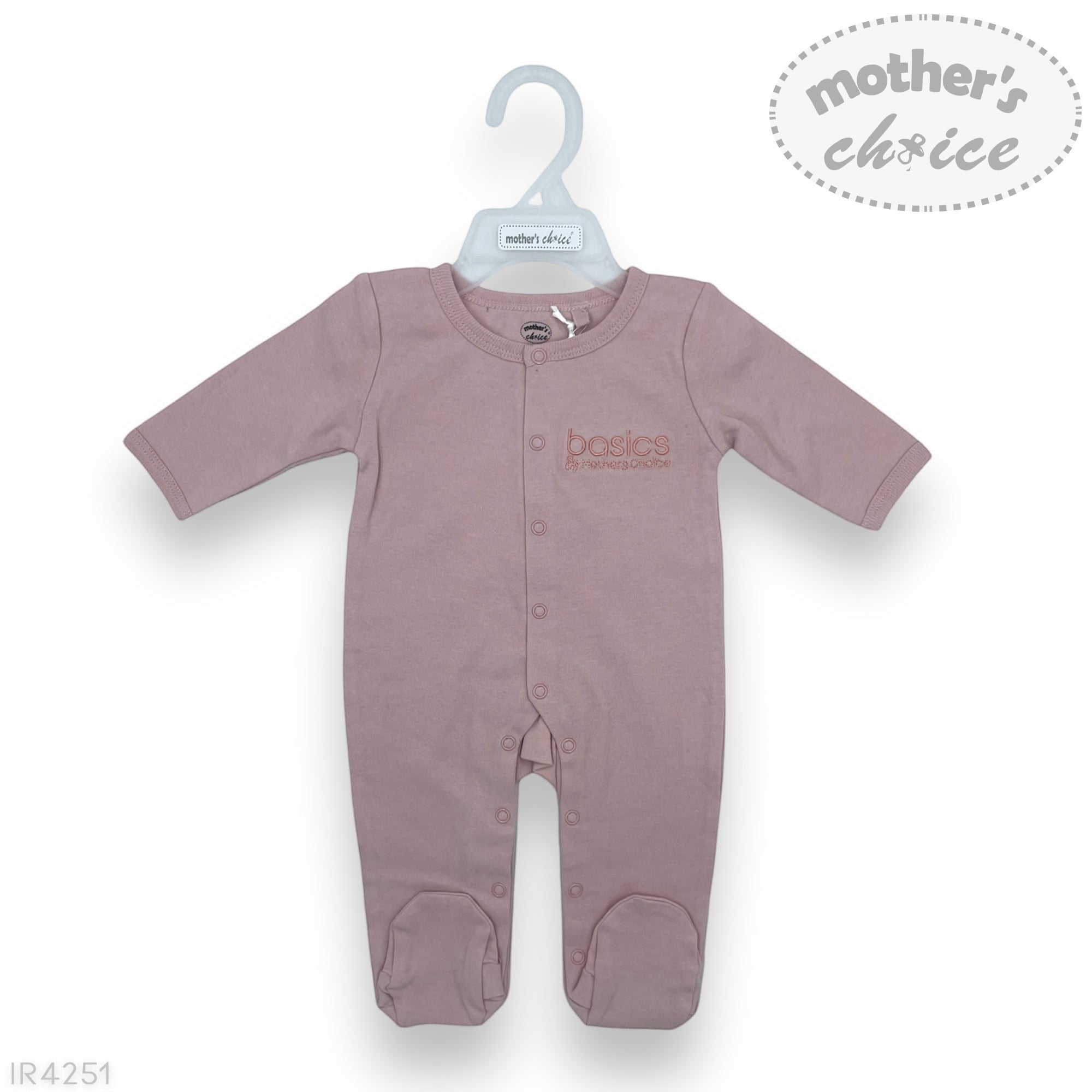 Baby onesie on a hanger with 'mother's choice' branding on a white background