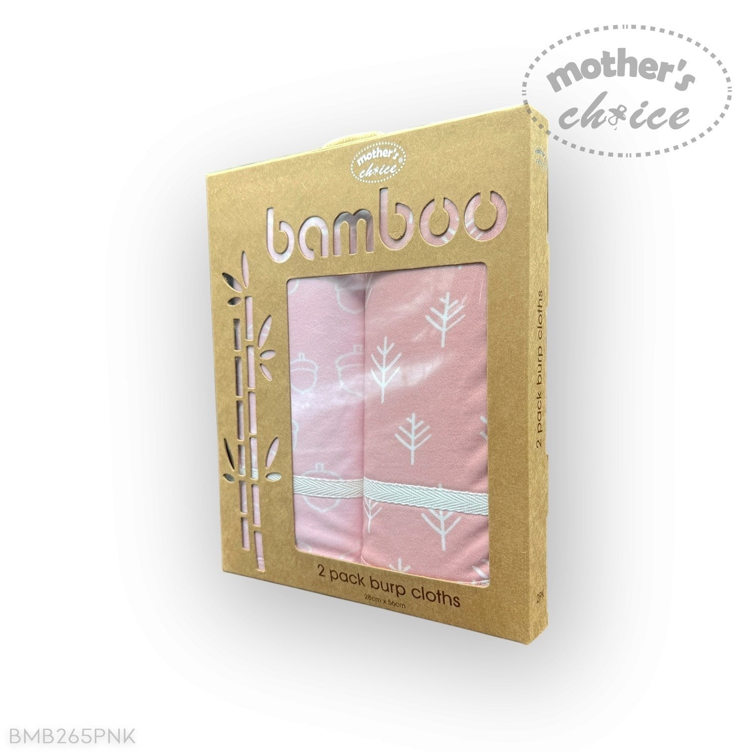 Pack of two bamboo burp cloths with pink design in a 'Mother's Choice' branded box.