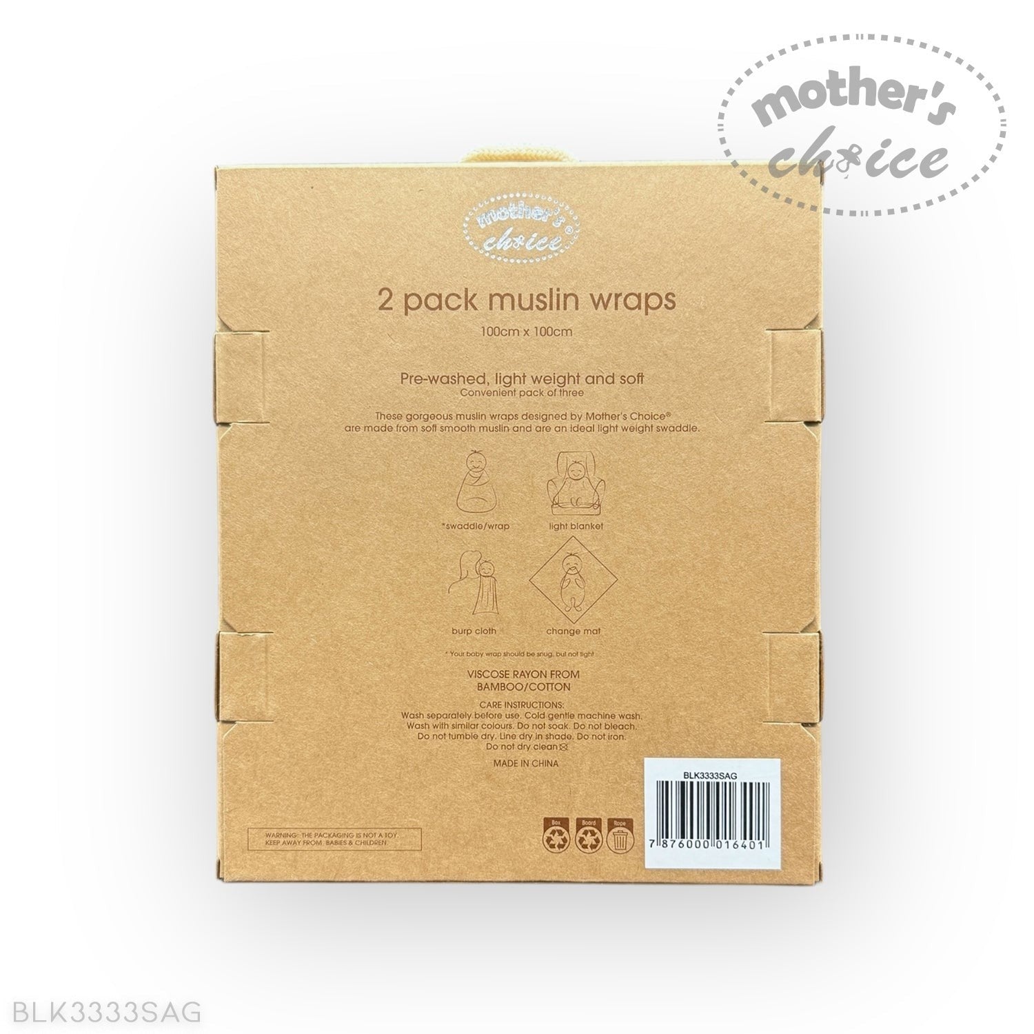 Cardboard packaging for 2-pack muslin wraps with 'Mother's Choice' branding on a white background.