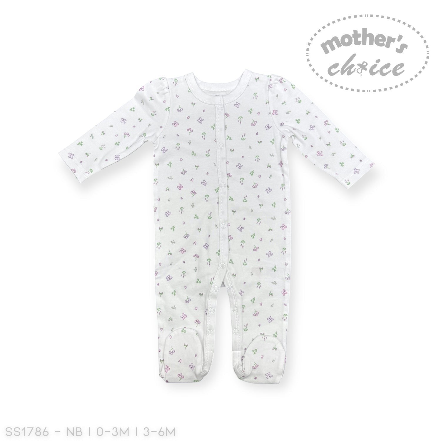 Baby onesie with floral pattern on a white background, branded 'Mother's Choice'.