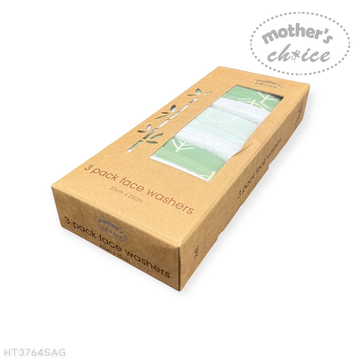 Box of 3-pack face washers with 'Mother's Choice' branding on a white background