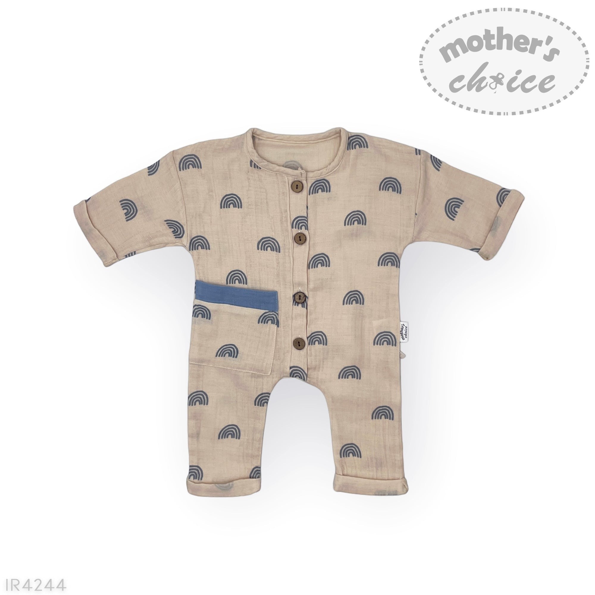 Beige baby romper with rainbow pattern on a white background, featuring 'mother's choice' branding.
