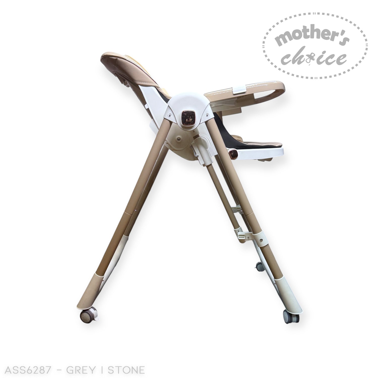 High chair with 'Mother's Choice' branding on a white background
