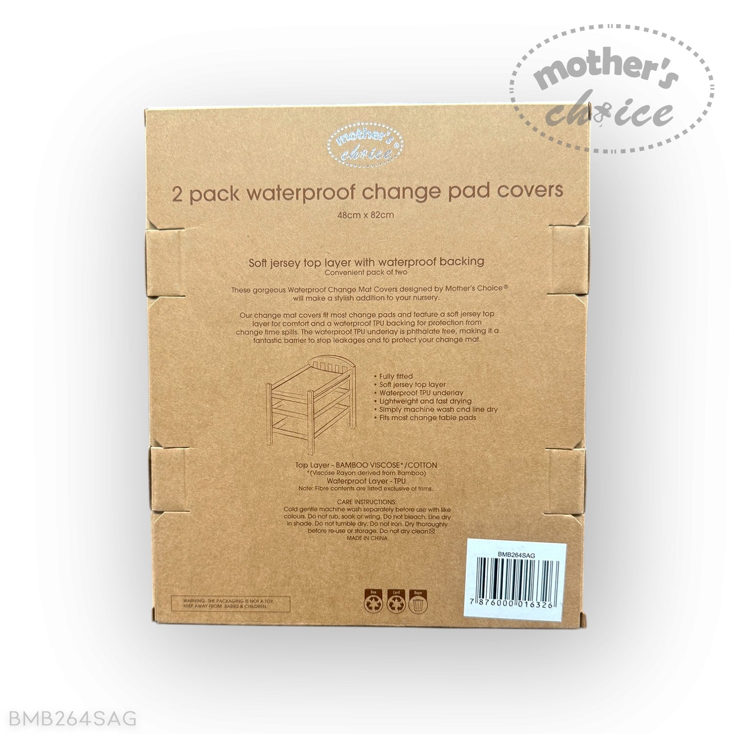 Cardboard box packaging for 2-pack waterproof change pad covers with 'Mother's Choice' branding.