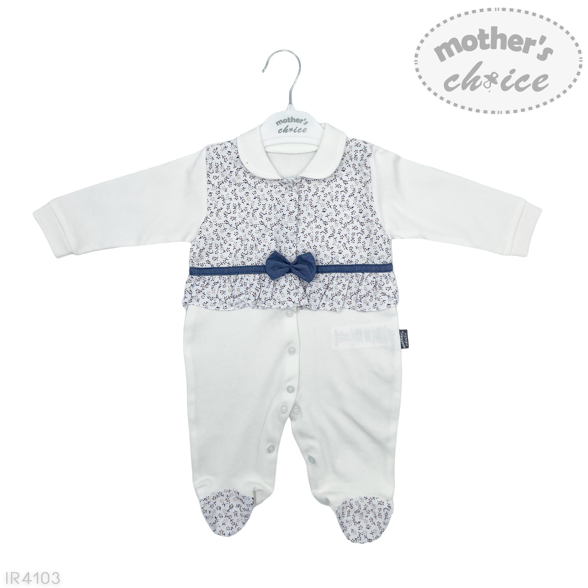 Baby romper with floral patterned vest on a hanger, branded 'Mother's Choice'.