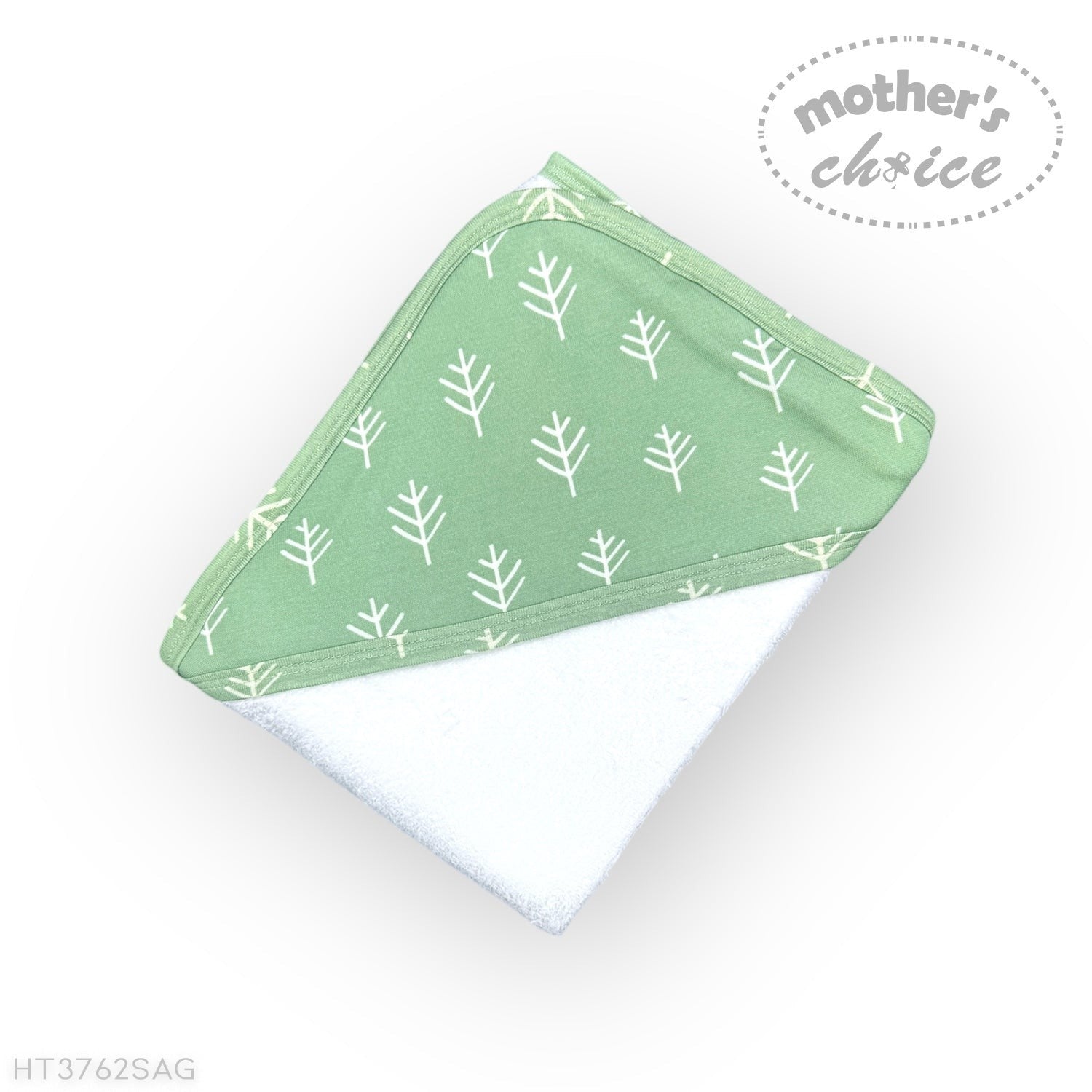 Green baby bib with white leaf pattern on a white background, branded 'Mother's Choice'.