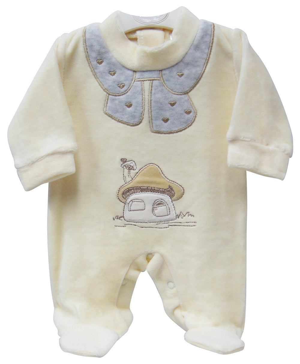 Baby onesie with embroidered design on a white background