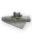 Gray elephant plush toy with a matching blanket on a white background
