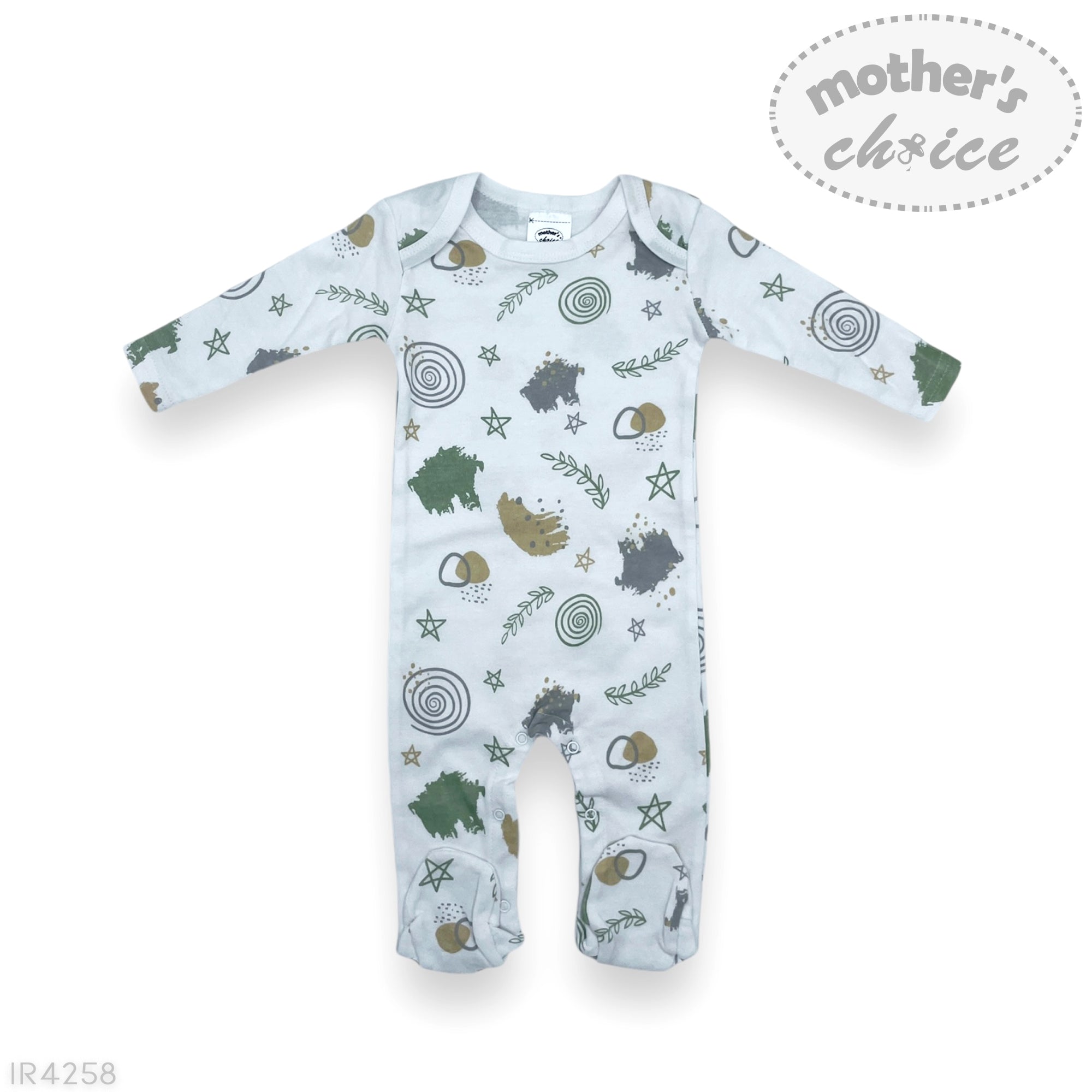 Baby onesie with nature-themed print on a white background, featuring 'mother's choice' branding.