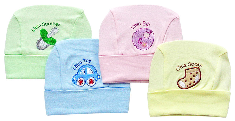 Set of four baby hats in green, blue, pink, and yellow with embroidered designs on a white background.